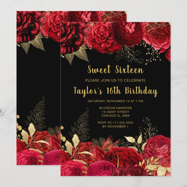 Elegant Red and Gold Flowers Sweet Sixteen Invitation (Front/Back)