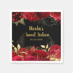 Elegant Red and Gold Flowers Sweet Sixteen  Napkin