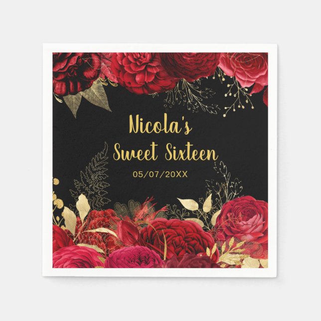 Elegant Red and Gold Flowers Sweet Sixteen  Napkin (Front)