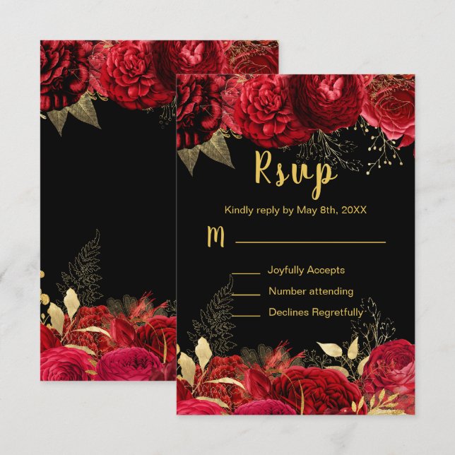 Elegant Red and Gold Flowers Sweet Sixteen RSVP Card (Front/Back)