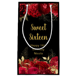 Elegant Red and Gold Flowers Sweet Sixteen  Small Gift Bag