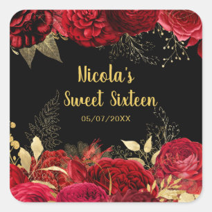 Elegant Red and Gold Flowers Sweet Sixteen Square Sticker