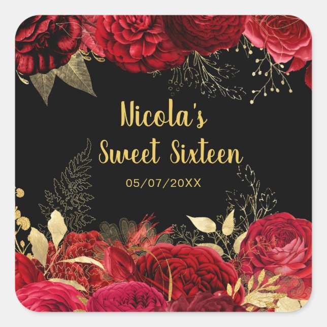 Elegant Red and Gold Flowers Sweet Sixteen  Square Sticker (Front)