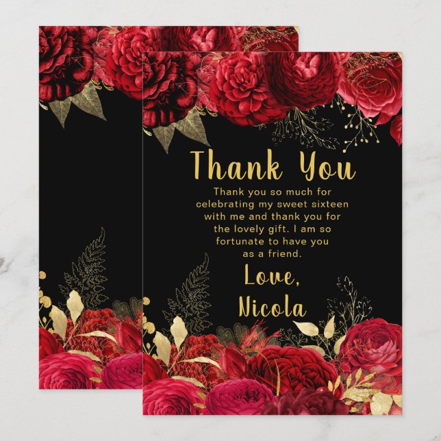 Elegant Red and Gold Flowers Sweet Sixteen Thank You Card (Front/Back)