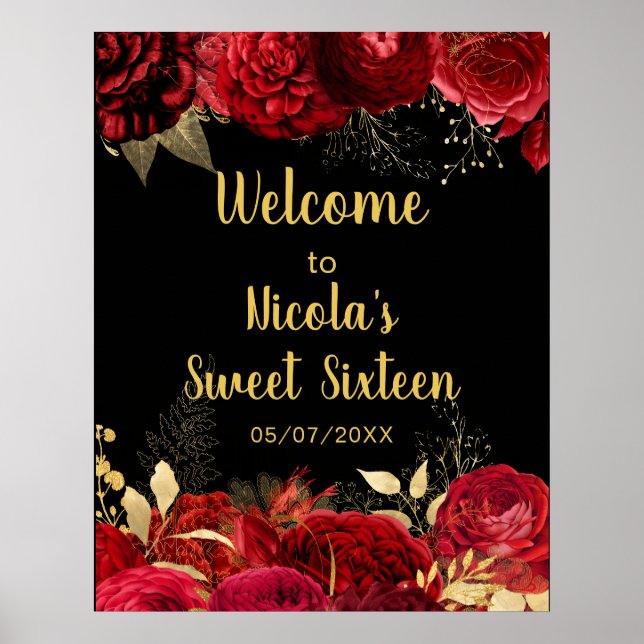 Elegant Red and Gold Flowers Sweet Sixteen Welcome Poster (Front)