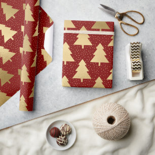 Elegant Red and Gold Foil Christmas Tree Pattern Wrapping Paper