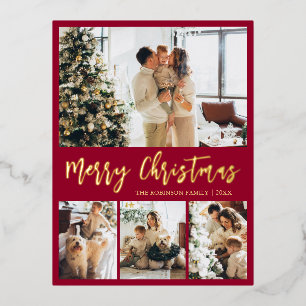 Elegant Red and Gold Foil Script Holiday Postcard