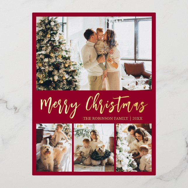 Elegant Red and Gold Foil Script Holiday Postcard (Front)