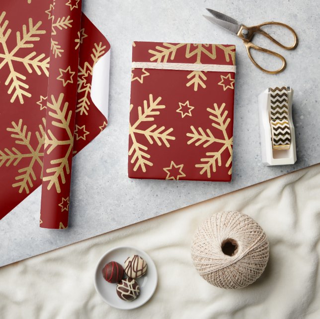 Elegant Red and Gold Foil Snowflakes Christmas Wrapping Paper (Crafts)