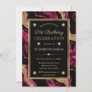 Elegant Red and Gold Glitter Agate 21st Birthday Invitation