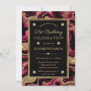 Elegant Red and Gold Glitter Agate 21st Birthday Invitation