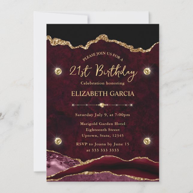 Elegant Red and Gold Glitter Agate 21st Birthday Invitation (Front)