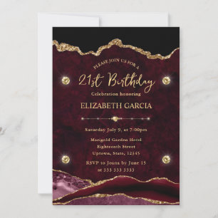 Elegant Red and Gold Glitter Agate 21st Birthday Invitation