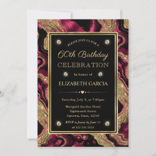 Elegant Red and Gold Glitter Agate 60th Birthday Invitation