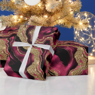 Elegant Red and Gold Glitter Agate Birthday Wrapping Paper