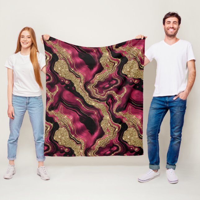 Elegant Red and Gold Glitter Agate Pattern Fleece Blanket (In Situ)