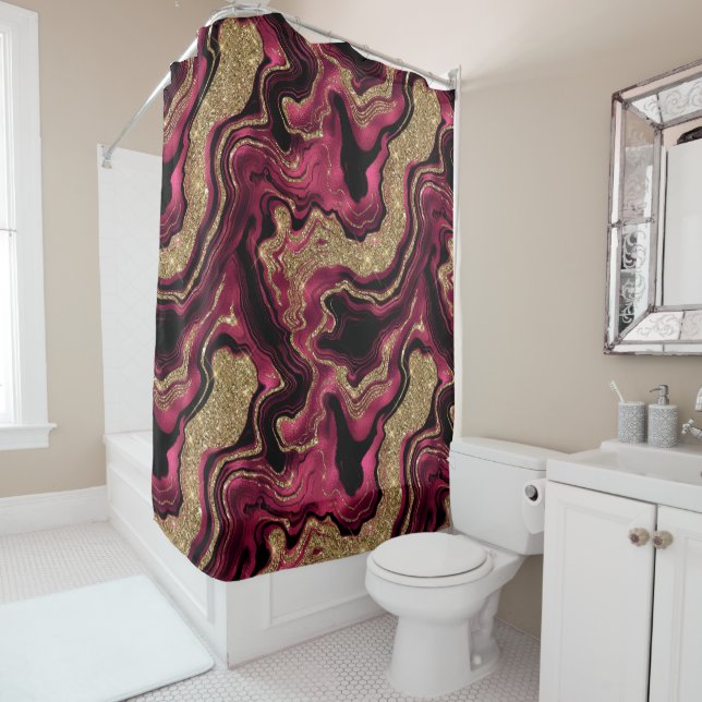 Elegant Red and Gold Glitter Agate Pattern Shower Curtain (In Situ)