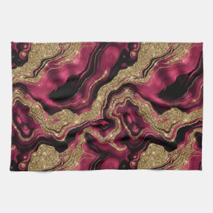 Elegant Red and Gold Glitter Agate Pattern Tea Towel