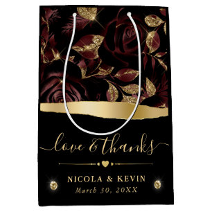 Elegant Red and Gold Glitter Rose Floral Wedding Medium Gift Bag