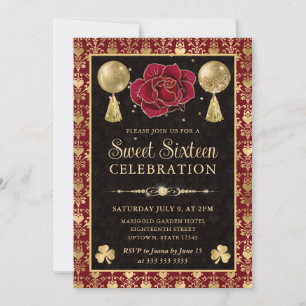 Elegant Red and Gold Heart Damask Sweet Sixteen Invitation