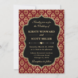 Elegant Red and Gold Heart Damask Wedding Invitation