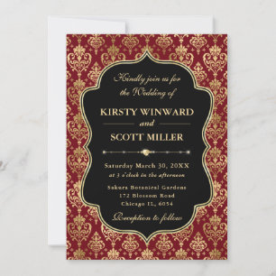 Elegant Red and Gold Heart Damask Wedding Invitation