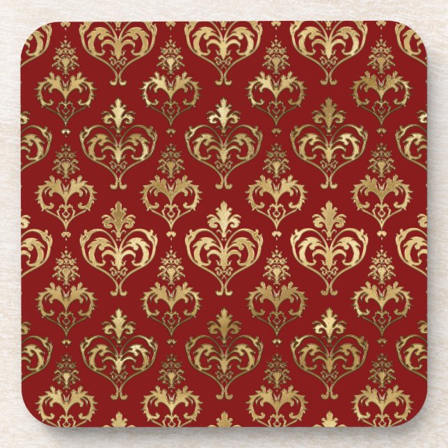 Elegant Red and Gold Hearts Valentine's Damask Coaster (Front)