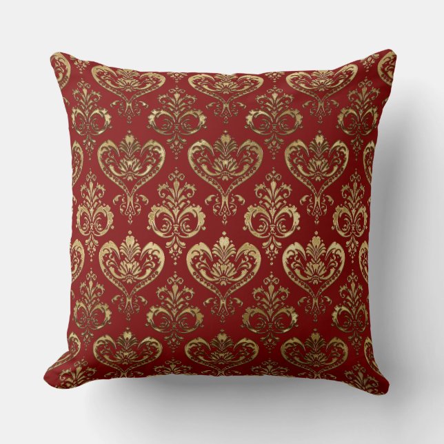 Elegant Red and Gold Hearts Valentine's Damask Cushion (Front)