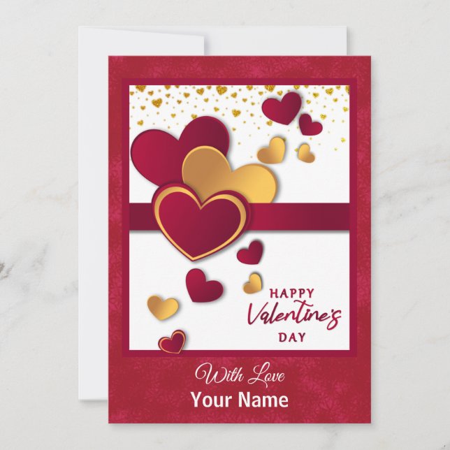 Elegant Red and Gold Hearts Valentine's Day Design Holiday Card (Front)