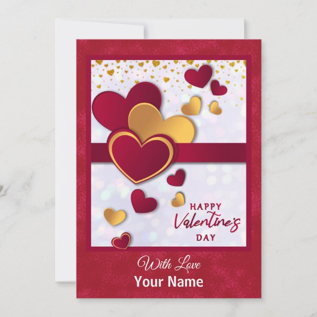 Elegant Red and Gold Hearts Valentine's Day Design Holiday Card (Front)