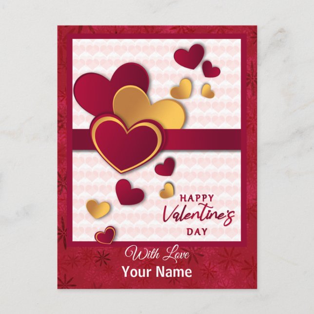 Elegant Red and Gold Hearts Valentine's Day Design Holiday Postcard (Front)