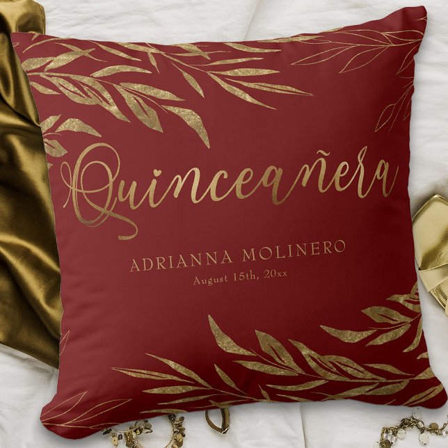 Elegant Red and Gold Leaf Personalised Quinceanera Cushion (Red Quinceanera keepsake pillow from my Gold Leaf Quinceanera Collection)