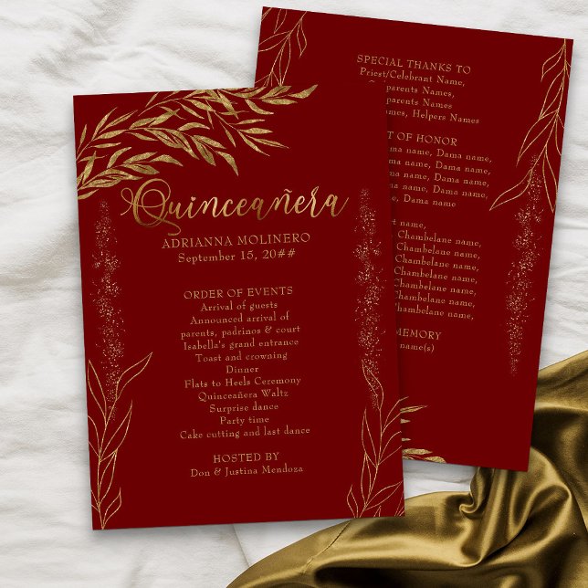 Elegant Red and Gold Leaf Quinceanera Programme (Red Program from my Gold Leaf Quinceanera Collection)