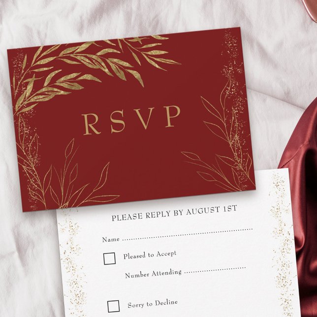 Elegant Red and Gold Leaf RSVP Card (Response card with editable rsvp date in red and gold, from my Gold Leaf Collection
)