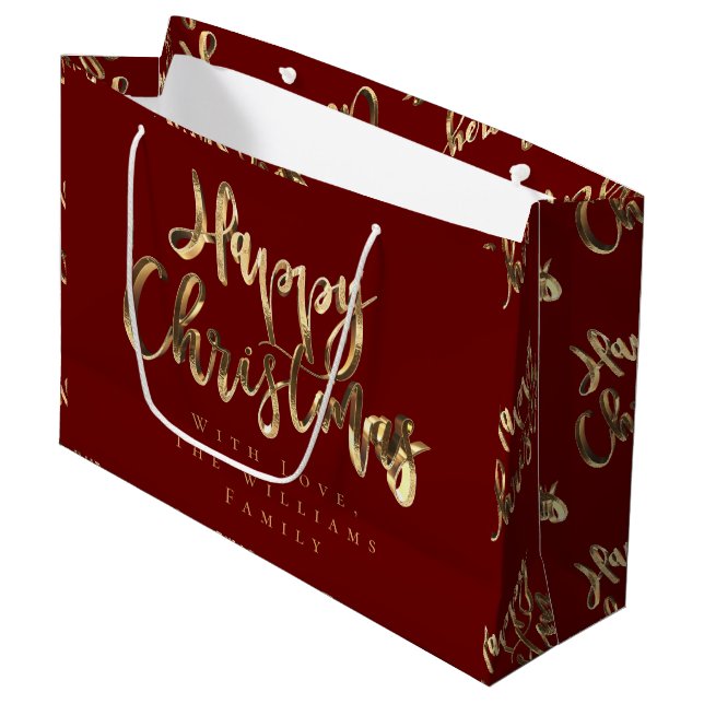 Elegant Red and Gold Look Script Happy Christmas Large Gift Bag (Front Angled)