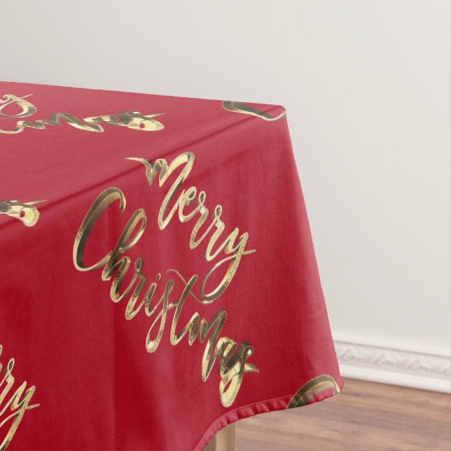 Elegant Red and Gold Look Script Merry Christmas Tablecloth (In Situ)