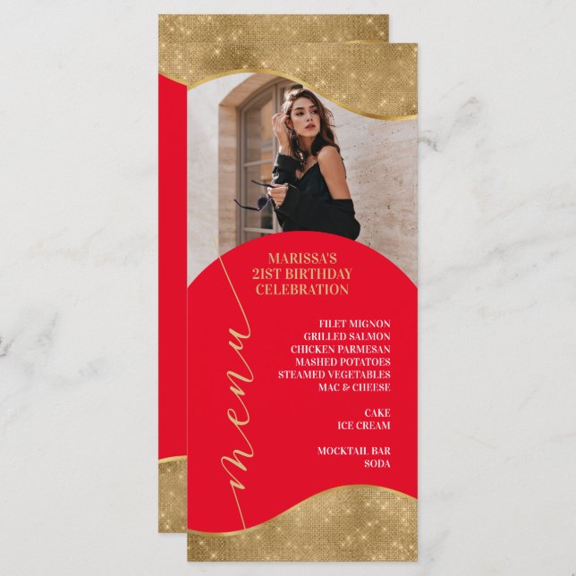 Elegant Red and Gold Menu Place Card with Photo (Front/Back)