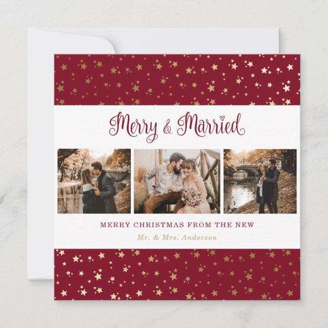 Elegant Red and Gold Merry and Married Christmas Holiday Card (Front)