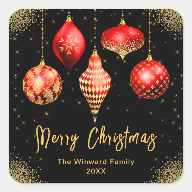 Elegant Red and Gold Ornament Christmas Square Sticker (Front)