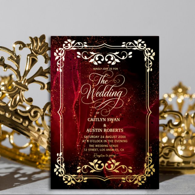 Elegant Red and Gold Ornate Wedding (Real Gold Foil Elegant wedding invitation #royal #redandgold #decorative #luxuryinvitation)
