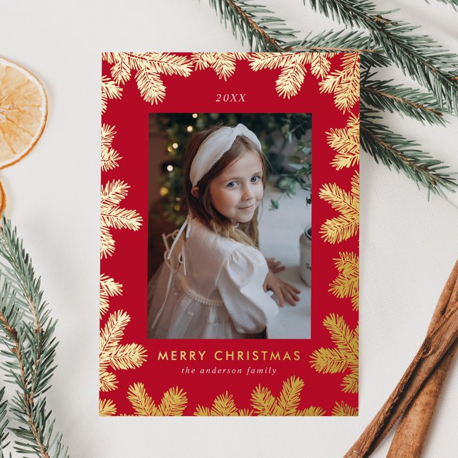Elegant Red and Gold Pine Frame Photo Foil Holiday Card (Creator Uploaded)