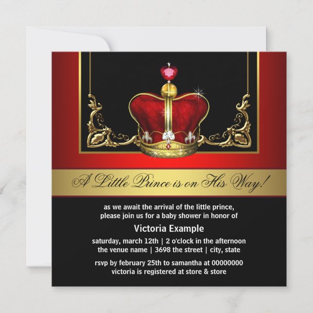 Elegant Red and Gold Prince Baby Shower Invitation (Front)