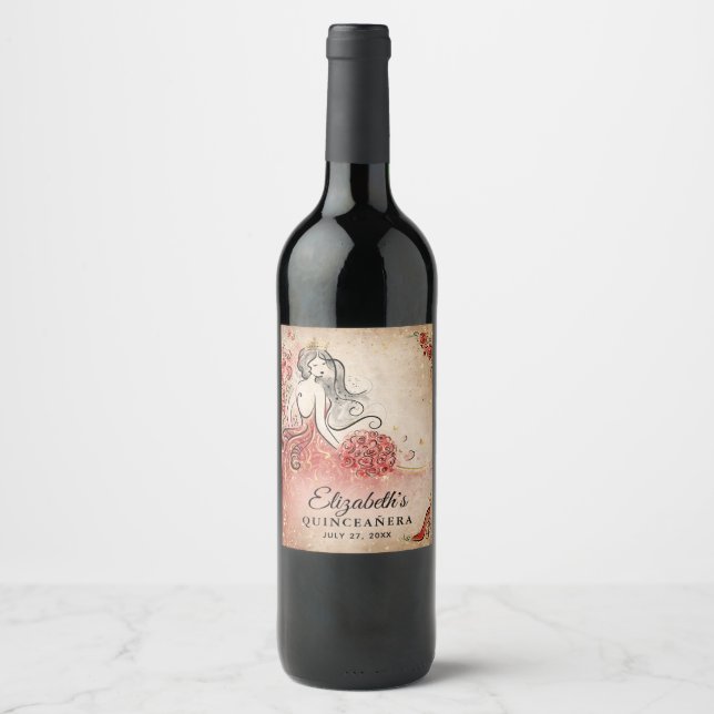 Elegant Red and Gold Princess Parchment Paper Wine Label (Front)