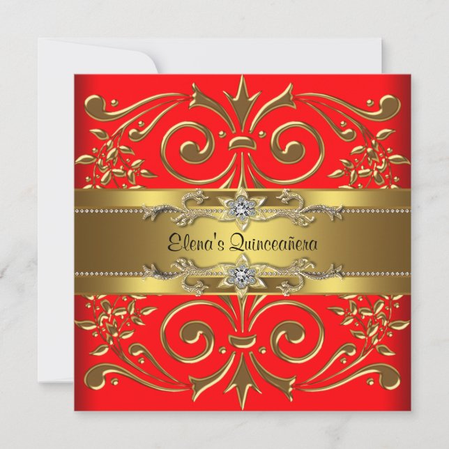 Elegant Red and Gold Quinceanera Invitations (Front)