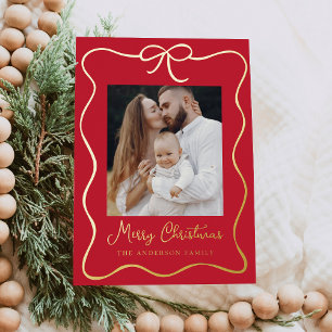 Elegant Red and Gold Ribbon Bow 2 Photo Foil Holiday Card