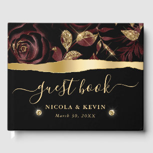 Elegant Red and Gold Rose Floral Wedding Guest Book
