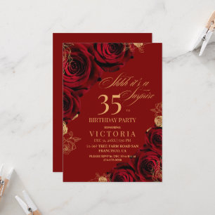 Elegant Red and Gold Roses 35th Birthday  Invitation