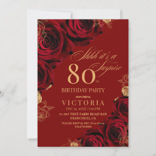 Elegant Red and Gold Roses 80th Birthday  Invitation