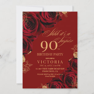 Elegant Red  and Gold Roses Floral 90th Birthday  Invitation