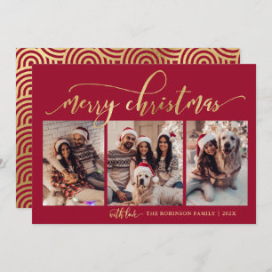 Elegant Red and Gold Script 3 photo Christmas  Holiday Card